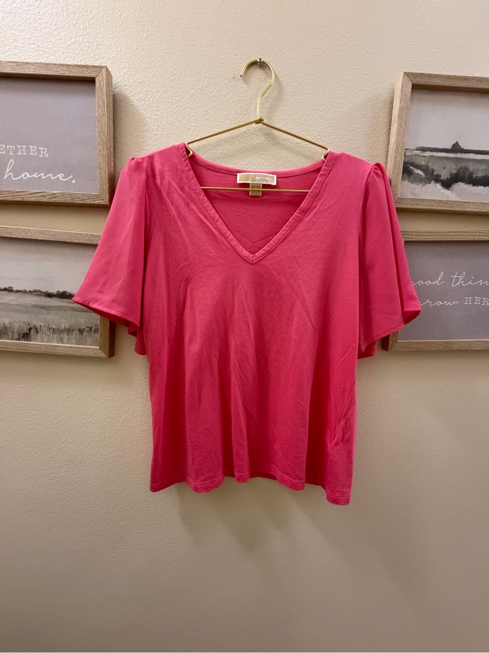 Pink V-Neck Flutter Sleeve Women's Top
